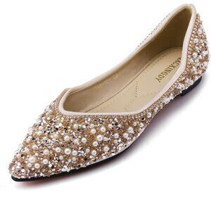 Women's Rhinestone Flats Fashion Pointed Toe Pearl Diamond Low Heel Dress